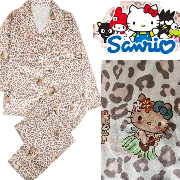 HELLO KITTY PJ’s Satin Hawaiian Beach‎ Vacation Leopard Print Pajama’s Set NEW - Picture 1 of 15